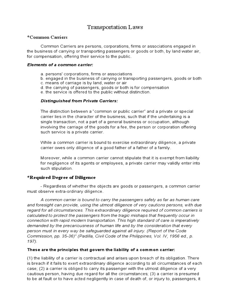Transportation Laws Common Carriers PDF Common Carrier Negligence