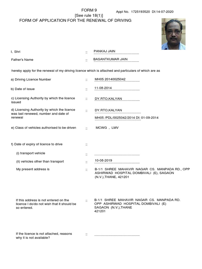 Form 9 Form of Application For The Renewal of Driving (See Rule 18 (1 ...