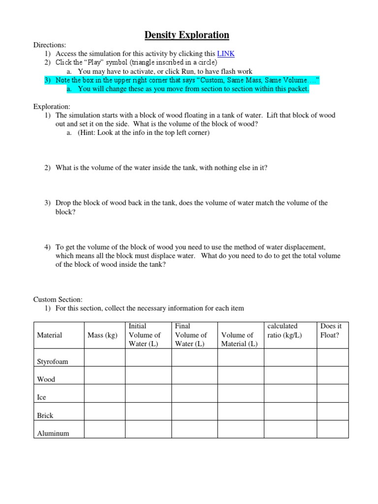 Density PhET Lab Sheet PDF Buoyancy Density
