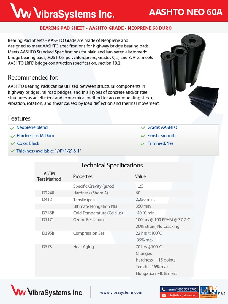 Recommended For:: Bearing Pad Sheet - Aashto Grade - Neoprene 60 Duro ...