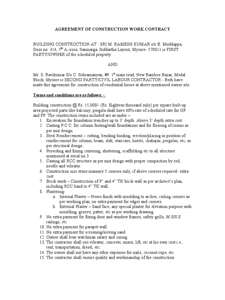 Agreement of Construction Work Contract | PDF | Plaster | Wall