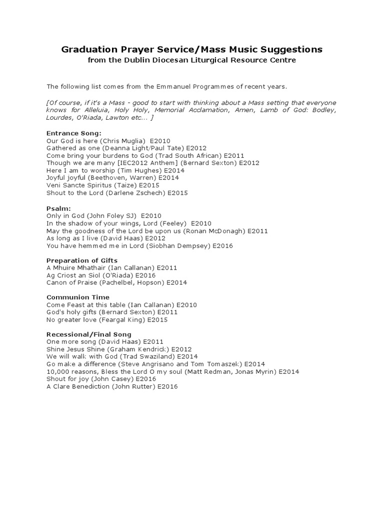 Graduation Mass Music Suggestions | PDF | Religion & Spirituality