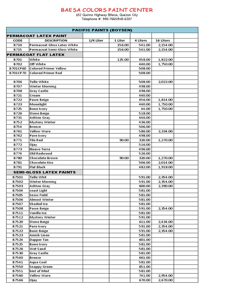 Boysen Price List PDF Paint Acrylic Paint