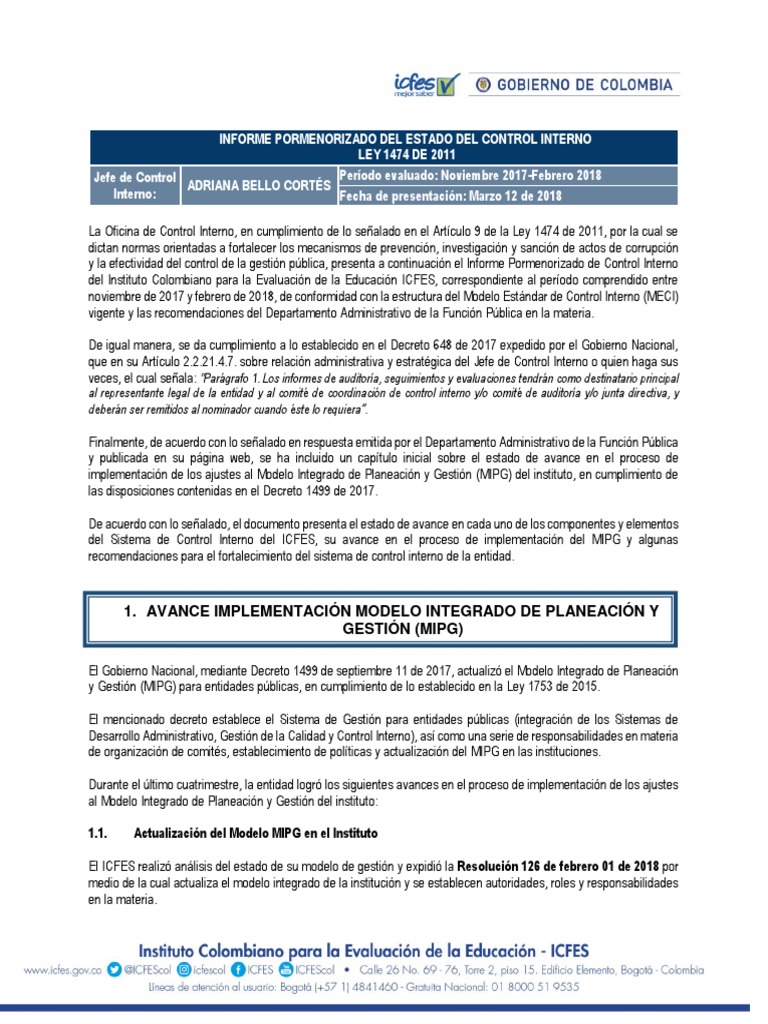Informe Pormenorizado de Control Interno ICFES | PDF | Sistema de ...