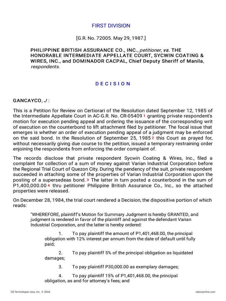 Philippine British Assurance vs. Sycwin | PDF | Surety | Judgment (Law)