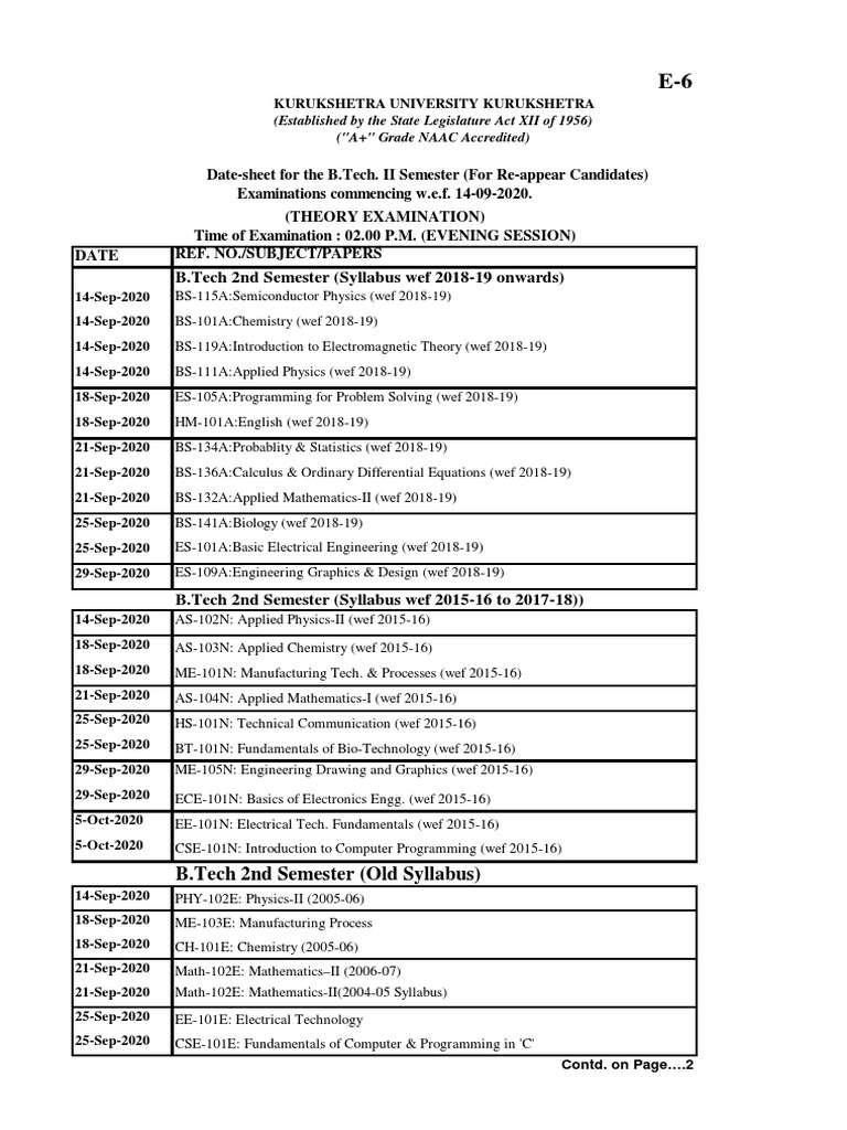 B.Tech 2nd Sem Exam Datesheet 2020 | PDF | Engineering | Physics