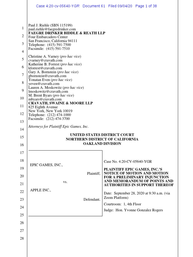 Epic Games Files For Preliminary Injunction Against Apple Over Fortnite |  PDF | App Store (I Os) | Ios