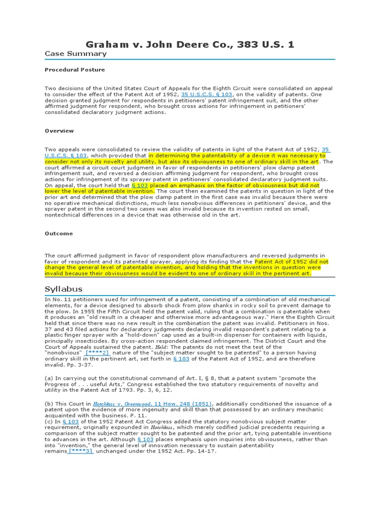 Graham v. John Deere Co., 383 U.S. 1 PDF Civil Law Law