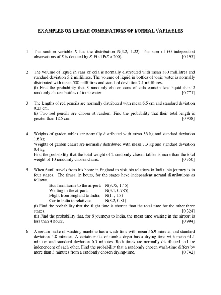 Examples On Linear Combinations of Normal Variables PDF Normal Distribution Mean