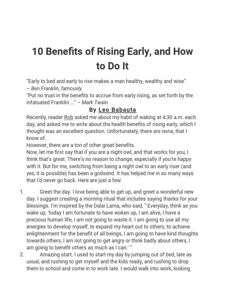 10 Benefits of Rising Early, and How Todoit: by Leo Babauta | PDF