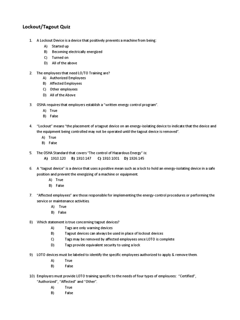 Lockout Tagout Quiz | PDF | Labor | Safety