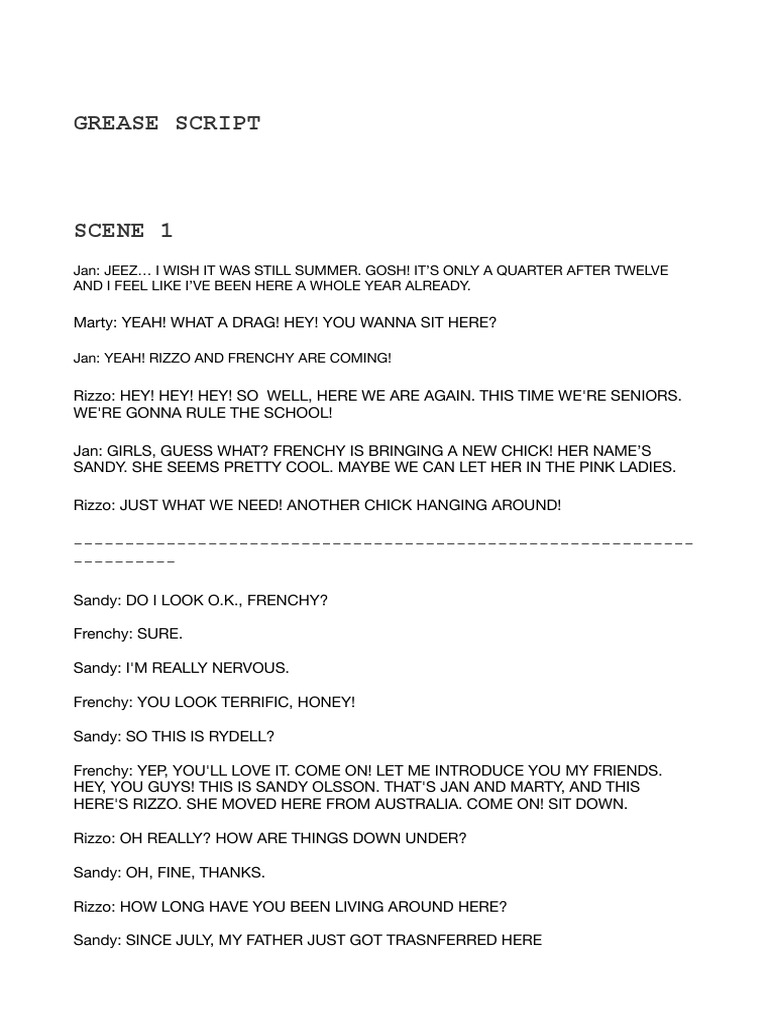 Grease Script PDF Performing Arts Entertainment