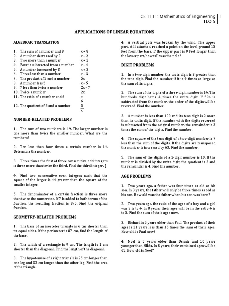 Applications of Linear Equations Digit Problems PDF Fraction