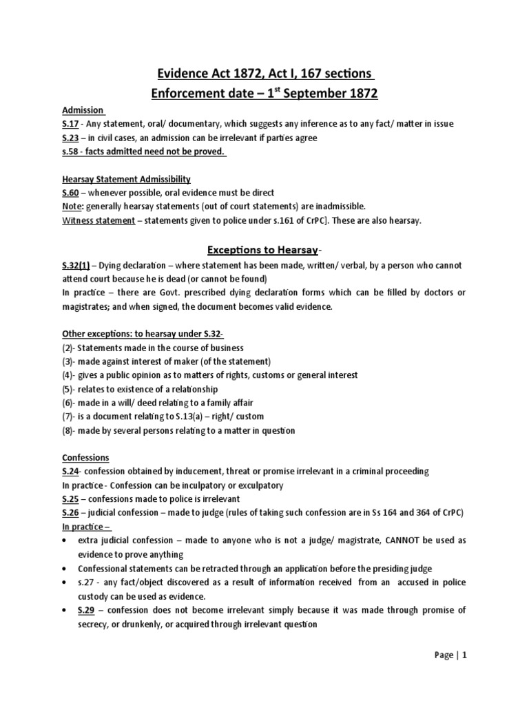 Overview of the Evidence Act 1872 | PDF | Hearsay | Evidence (Law)