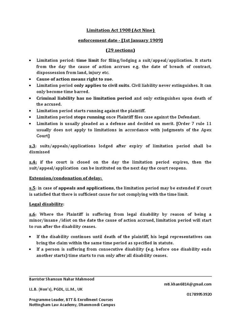 Limitations Act 1908 Short Note PDF Statute Of Limitations Lawsuit