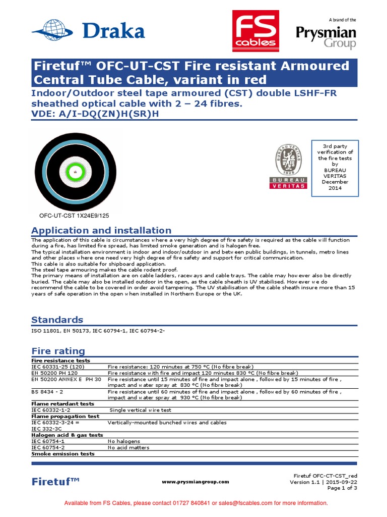 OM3 Draka FT Fire Resistant Loose Tube Armoured Fibre Optic Cable | PDF ...