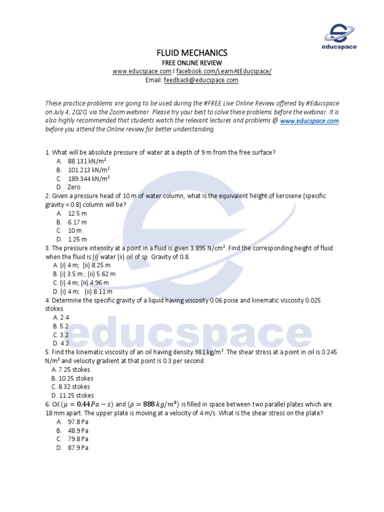 Fluid Mechanics - Problems - July 4 | PDF | Pressure | Pressure Measurement