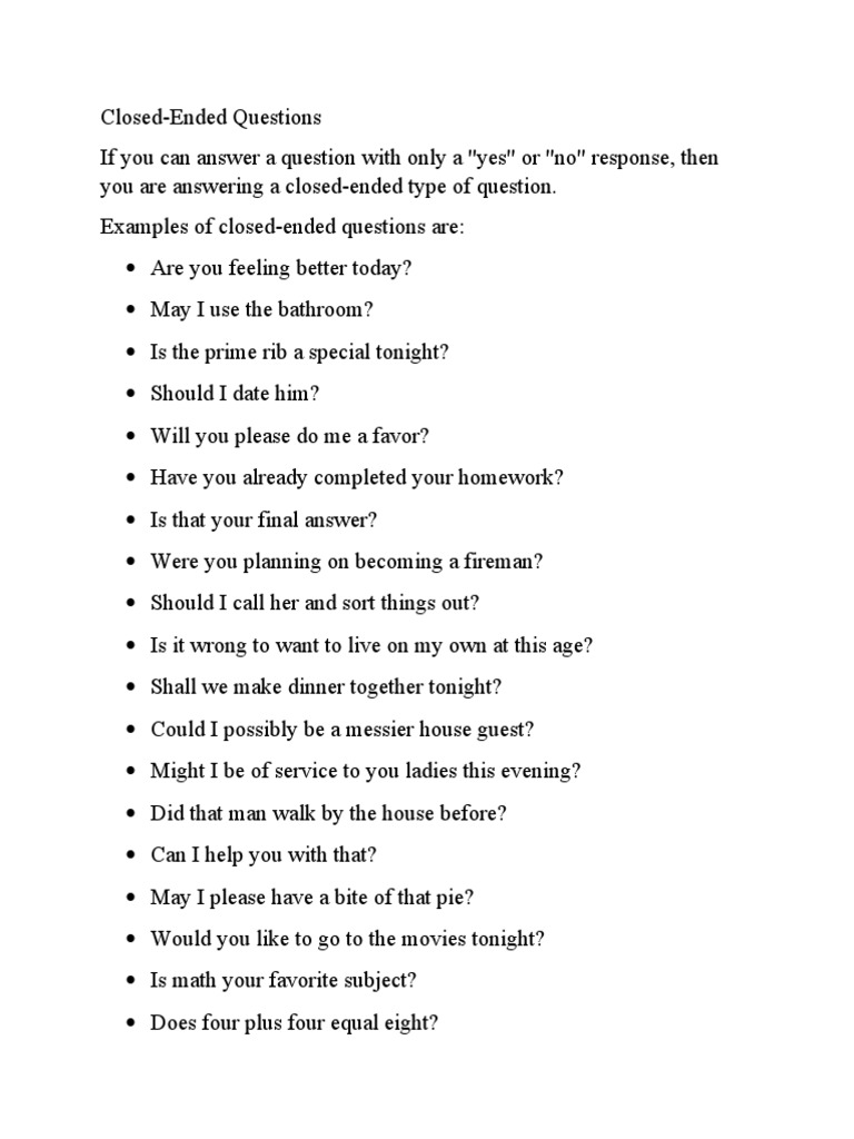 Example of Open Ended Questios and Close Ended Questions | PDF ...