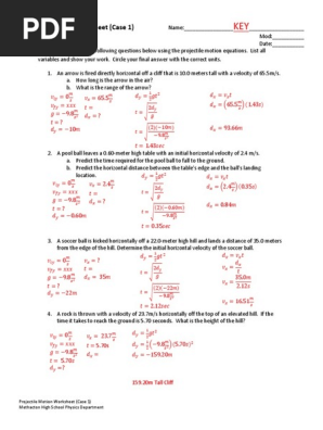 Projectile Motion Worksheet Case 1 Answer Key Pdf Projectiles Mechanics