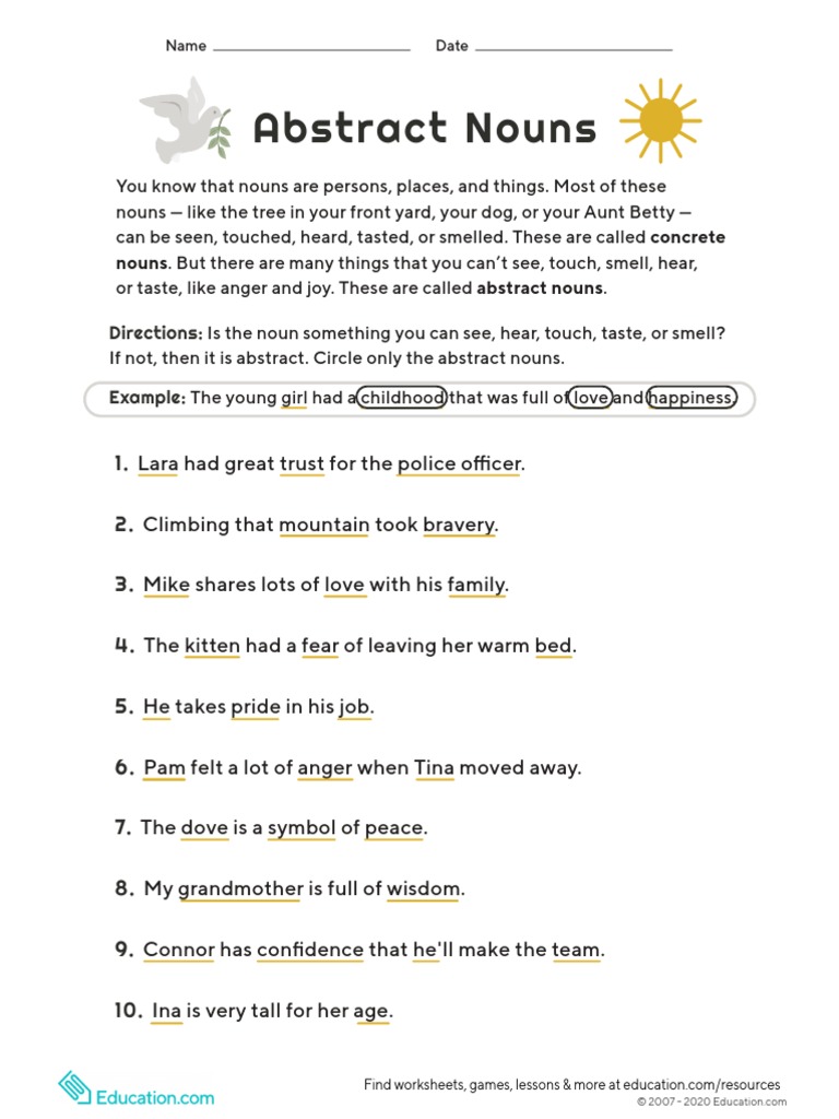 abstract nouns worksheet 2 pdf