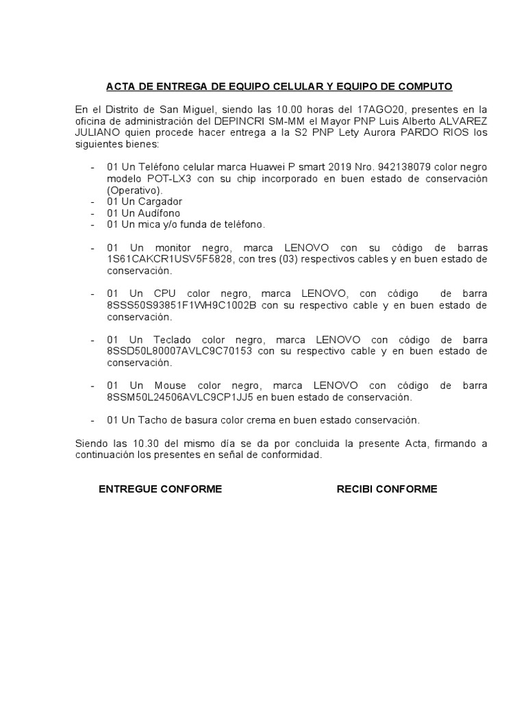 Acta de Entrega de Equipos Electrónicos | PDF | Hogar, jardinería y ...