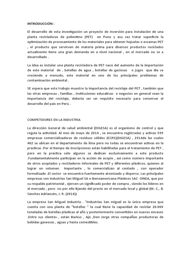 Proyecto de Planta Recicladora de PET | PDF | Residuos | Reciclaje