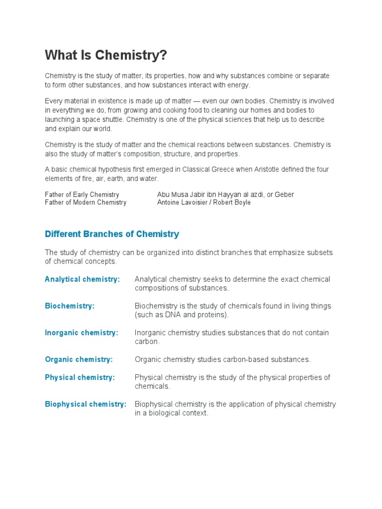 What Is Chemistry Different Branches Of Chemistry PDF Chemical 
