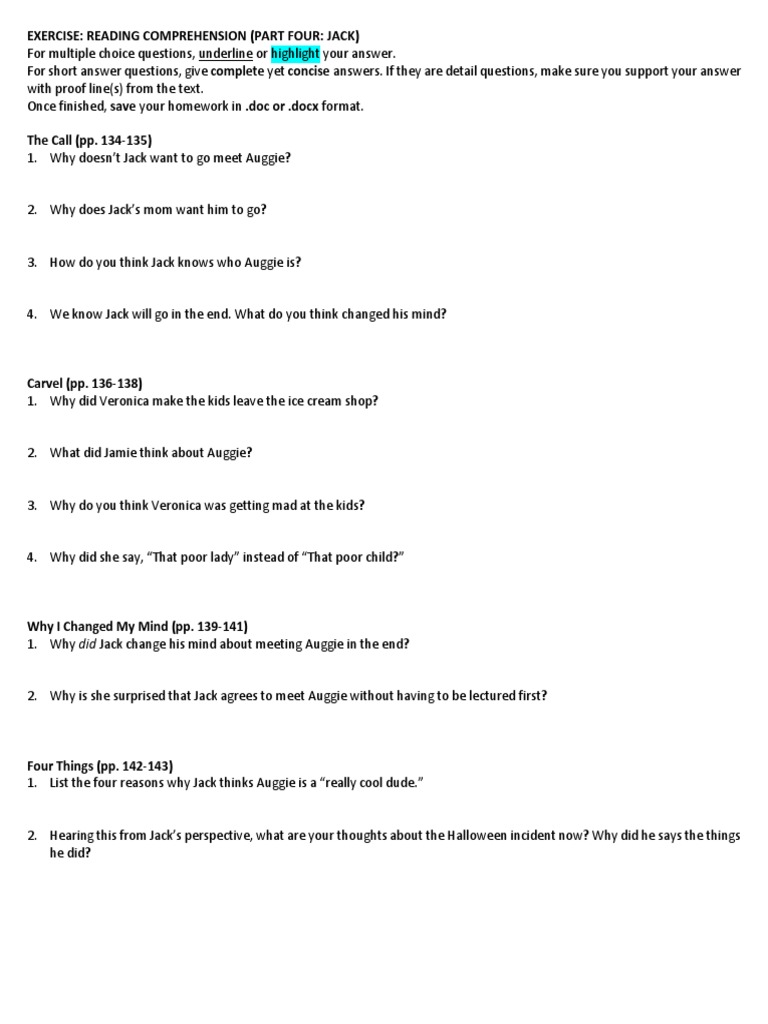 Wonder - Reading Comprehension Exercise (Part 4) | PDF