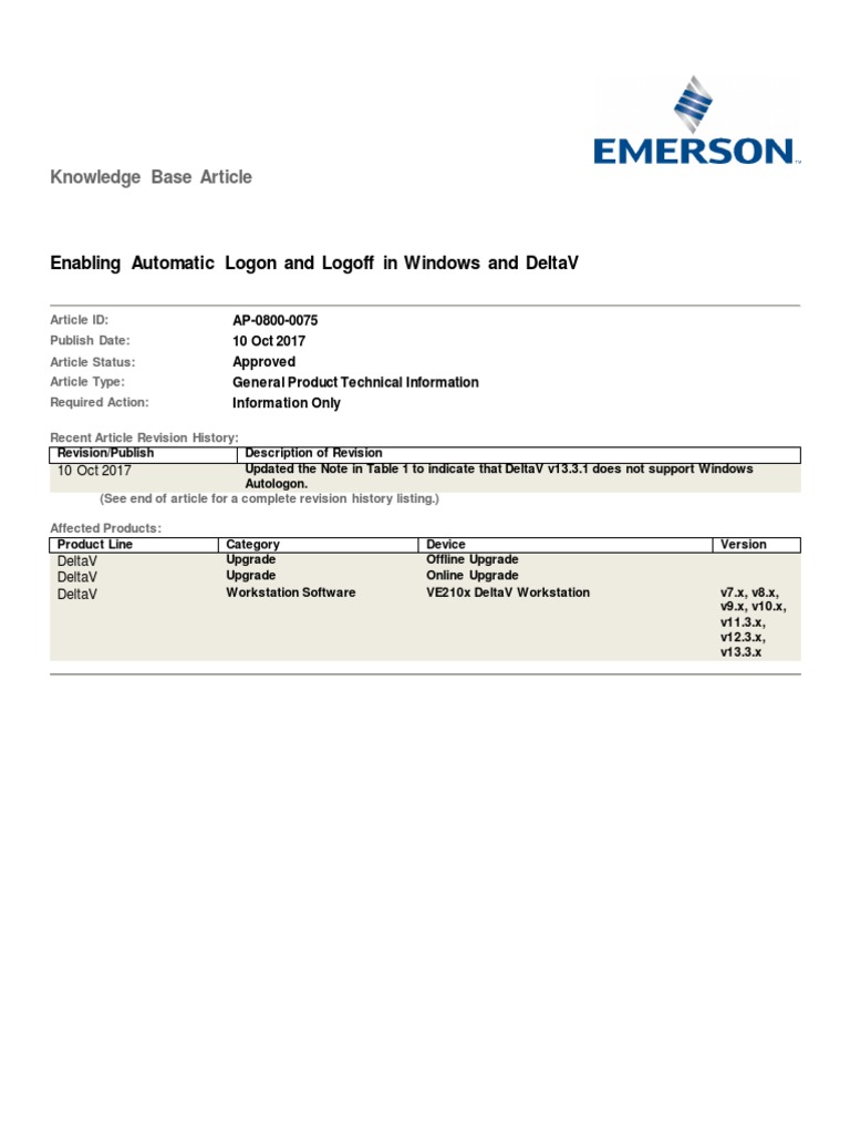 AP08000075 Enabling Automatic Logon and Logoff in Windows and DeltaV PDF Group Policy