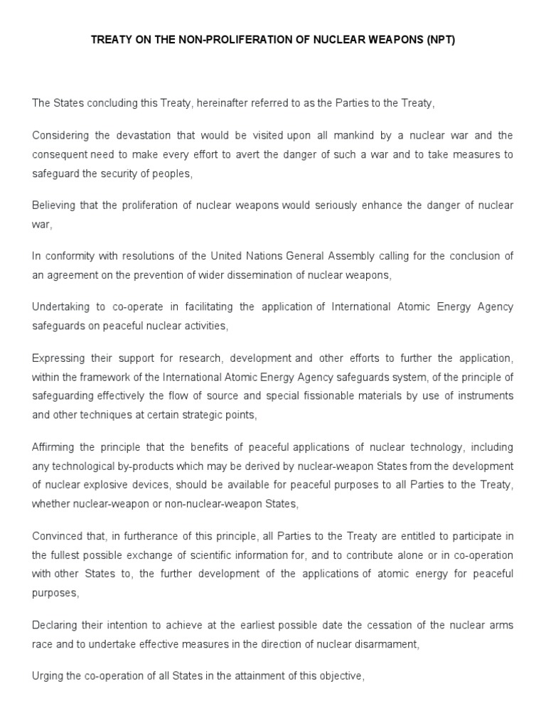 Treaty On The Non-Proliferation of Nuclear Weapons | PDF | Nuclear ...