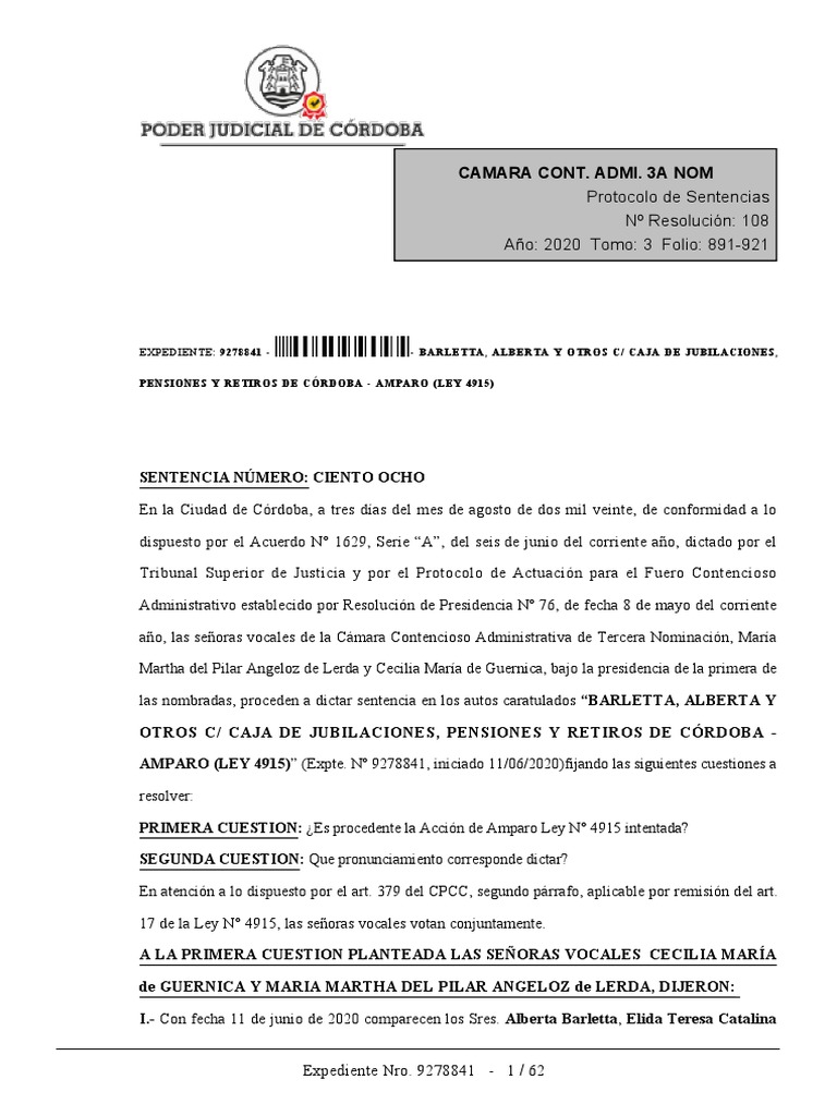 Jurisprudencia 2020 - Haber Jubilacion Barletta Alberta y Otros C Caja de Jubilaciones  Córdoba | PDF | Caso de ley | Constitución