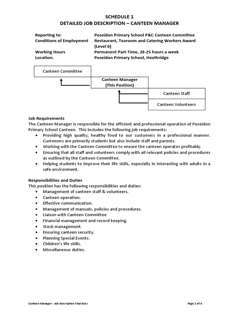 Schedule 1 Detailed Job Description Canteen Manager PDF Cafeteria