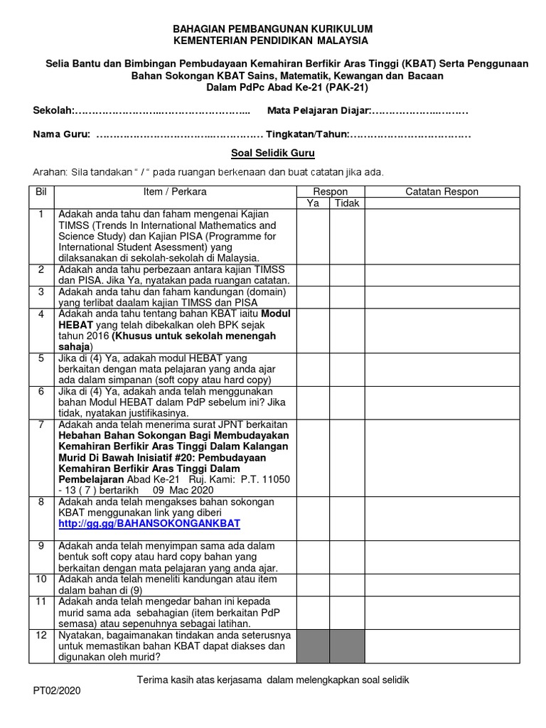 Soal Selidik Guru Dan Kandungan Folder Link Bahan Sokongan Kbat