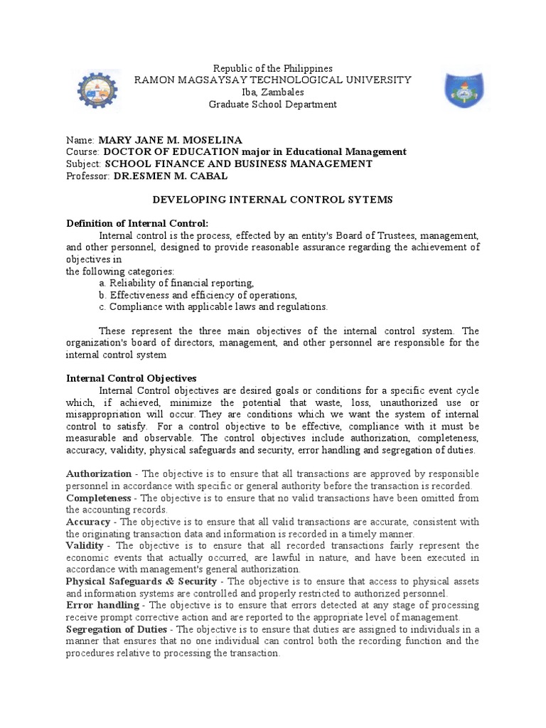 Developing Internal Control Systems in Schools | PDF | Internal Control ...