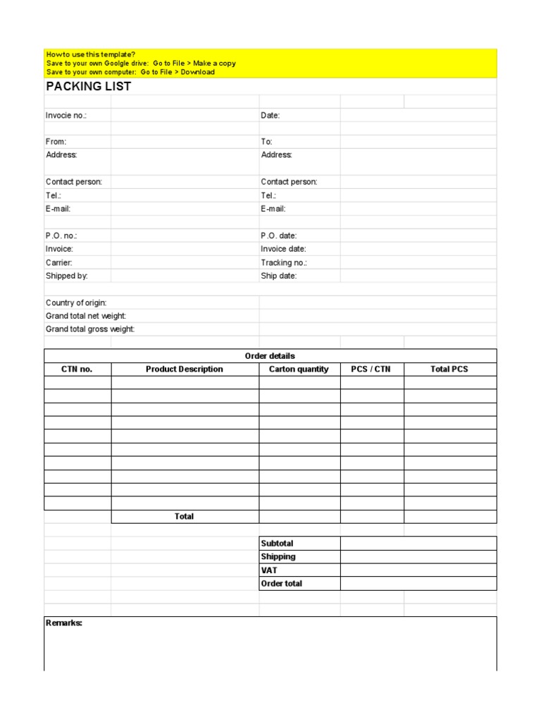 Packing List Template Instructions | PDF