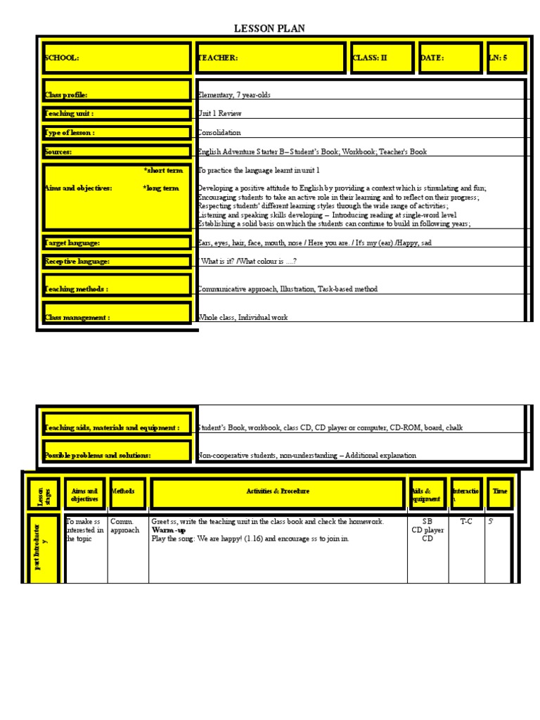 Lesson Plan: School: Teacher: Class: Ii Date: LN: 5 | PDF | Lesson Plan ...