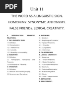 Unit 11: The Word As A Linguistic Sign. Homonimy. Synonymy, Antonymy. False Friends. Lexical Creativity