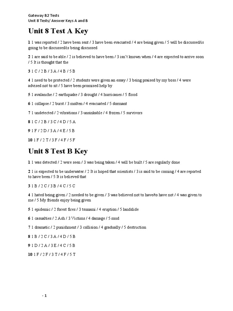 Unit 8 Test A Key: Gateway B2 Tests Unit 8 Tests/ Answer Keys A and B | PDF