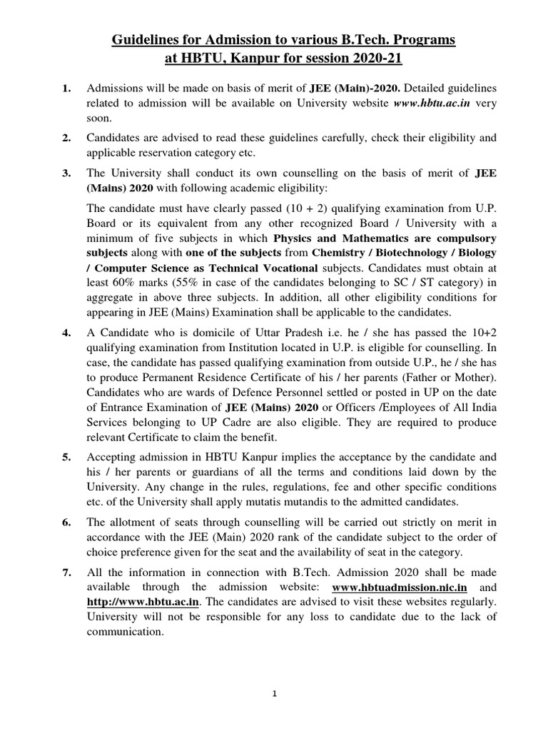 Guidelines For Admission To Various B.Tech. Programs at HBTU, Kanpur