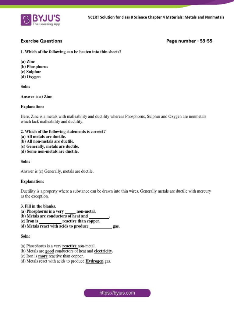 NCERT Solutions: Class 8 Science Ch 4 | PDF | Metals | Sulfuric Acid