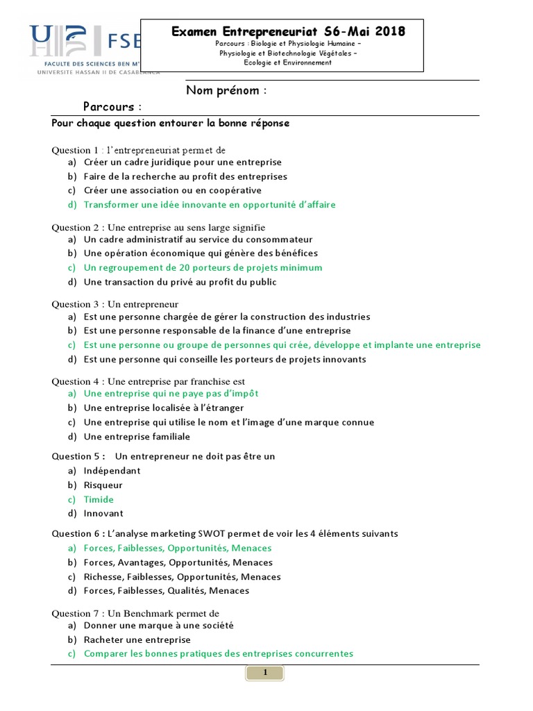 Module 1 Découvrir L environnement D une Entreprise Correction Examen Entrepreneuriat.2018FCorrigé PDF | PDF | Entrepreneuriat | Économie