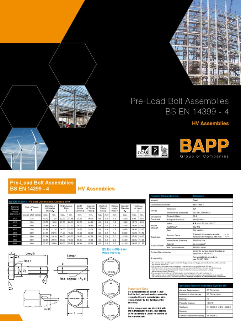 Pre-Load Bolt Assemblies BS EN 14399 - 4 | PDF | Washer (Hardware) | Screw