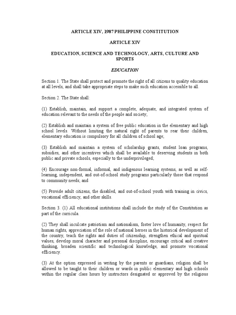 Article Xiv, 1987 Philippine Constitution Article Xiv Education