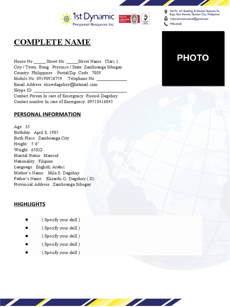 1st Dynamic Personnel Application Form | PDF | Communication