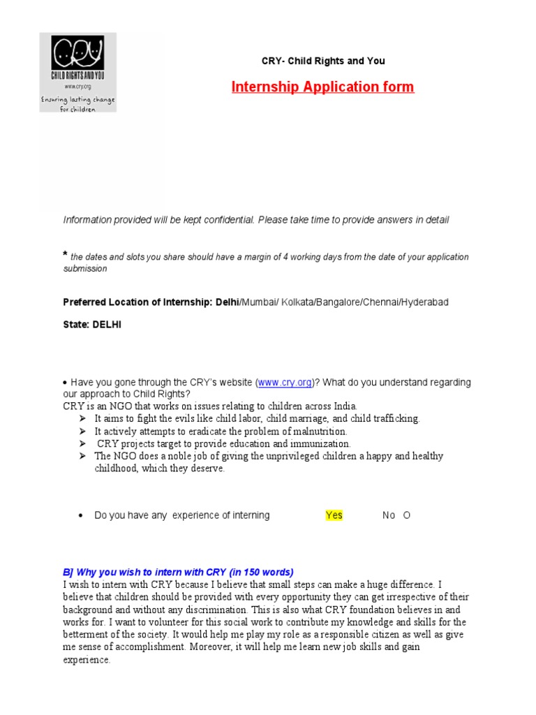 Cry Internship Application Form 1 | PDF | Health Care | Social Institutions