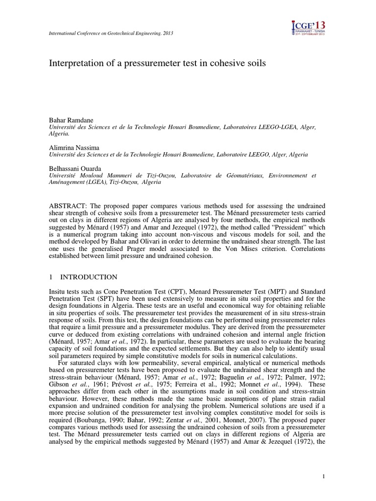 Interpretation of A Pressuremeter Test in Cohesive Soils PDF | PDF ...