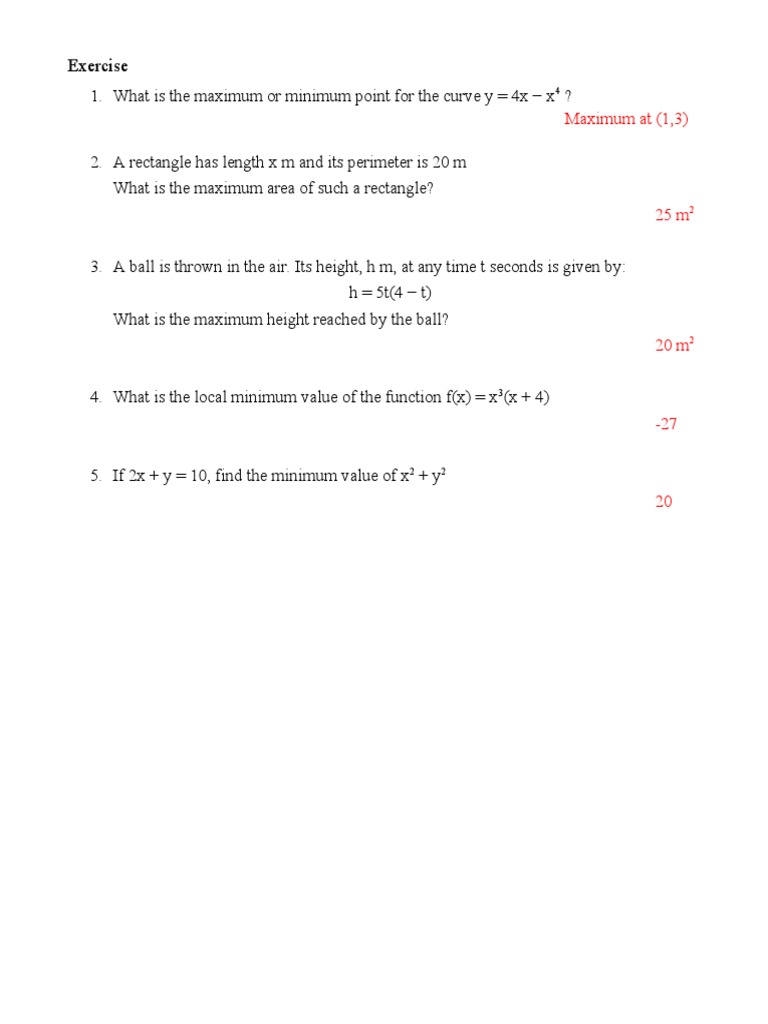 Maxima and Minima in Calculus Problems | PDF