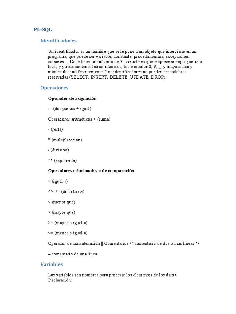 Identificadores y Operadores en PL/SQL | PDF | SQL | Pl / Sql