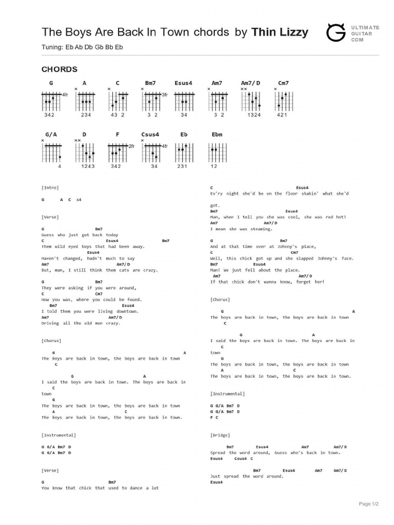 The Boys Are Back in Town Chords PDF