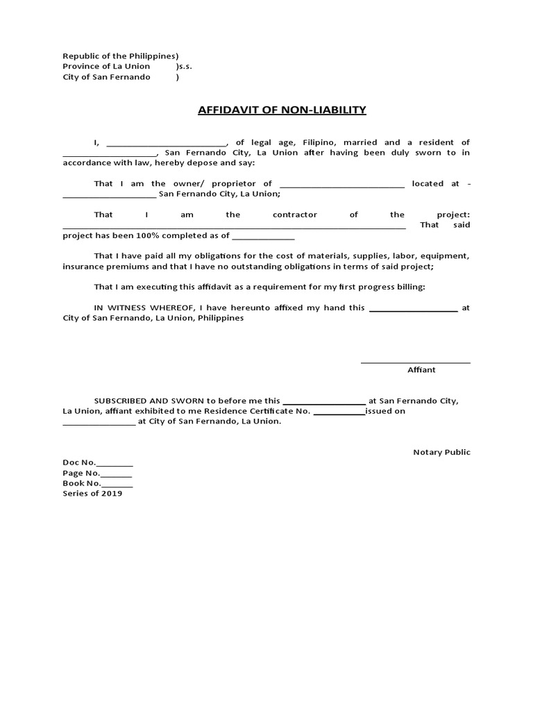 Affidavit of Non-Liability Template | PDF | Finance & Money Management ...